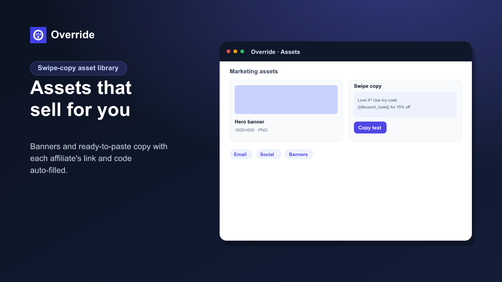 Swipe-copy asset library with banners and ready-to-paste copy