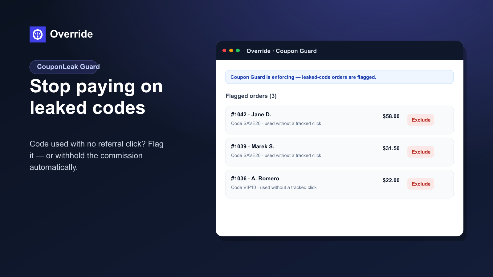 CouponLeak Guard flagging discount-code orders used without a referral click