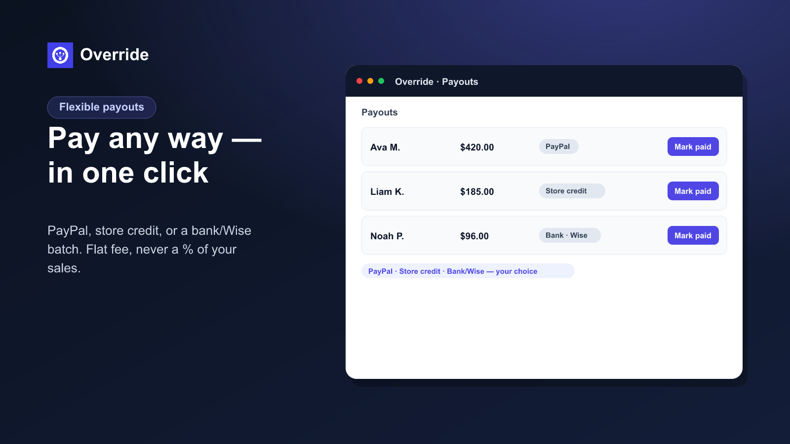Flexible payouts: PayPal, store credit and bank/Wise